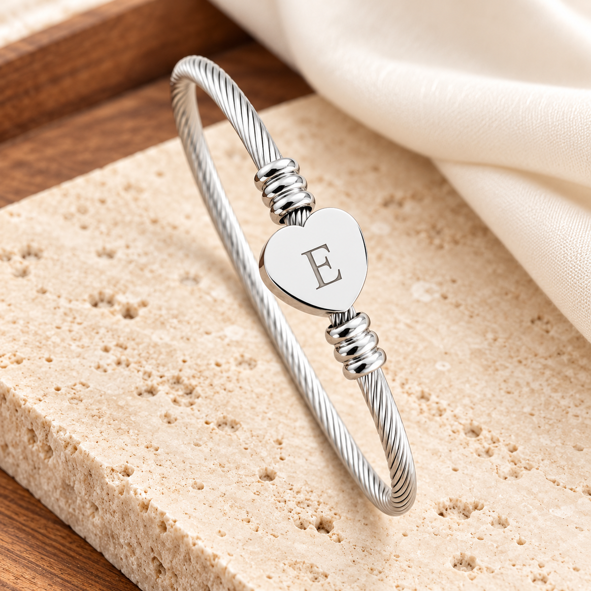 Cable Heart Bangle Bracelet