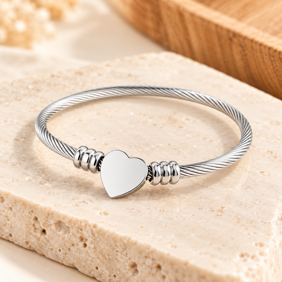 Cable Heart Bangle Bracelet