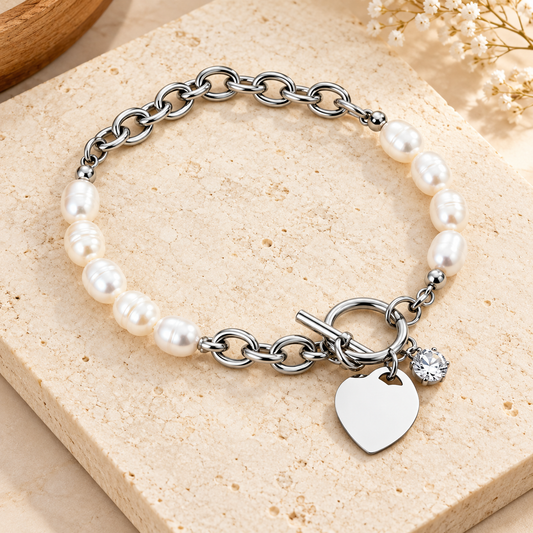 Heart Toggle Freshwater Pearl & Oval Link Bracelet With Cubic Zirconia Charm